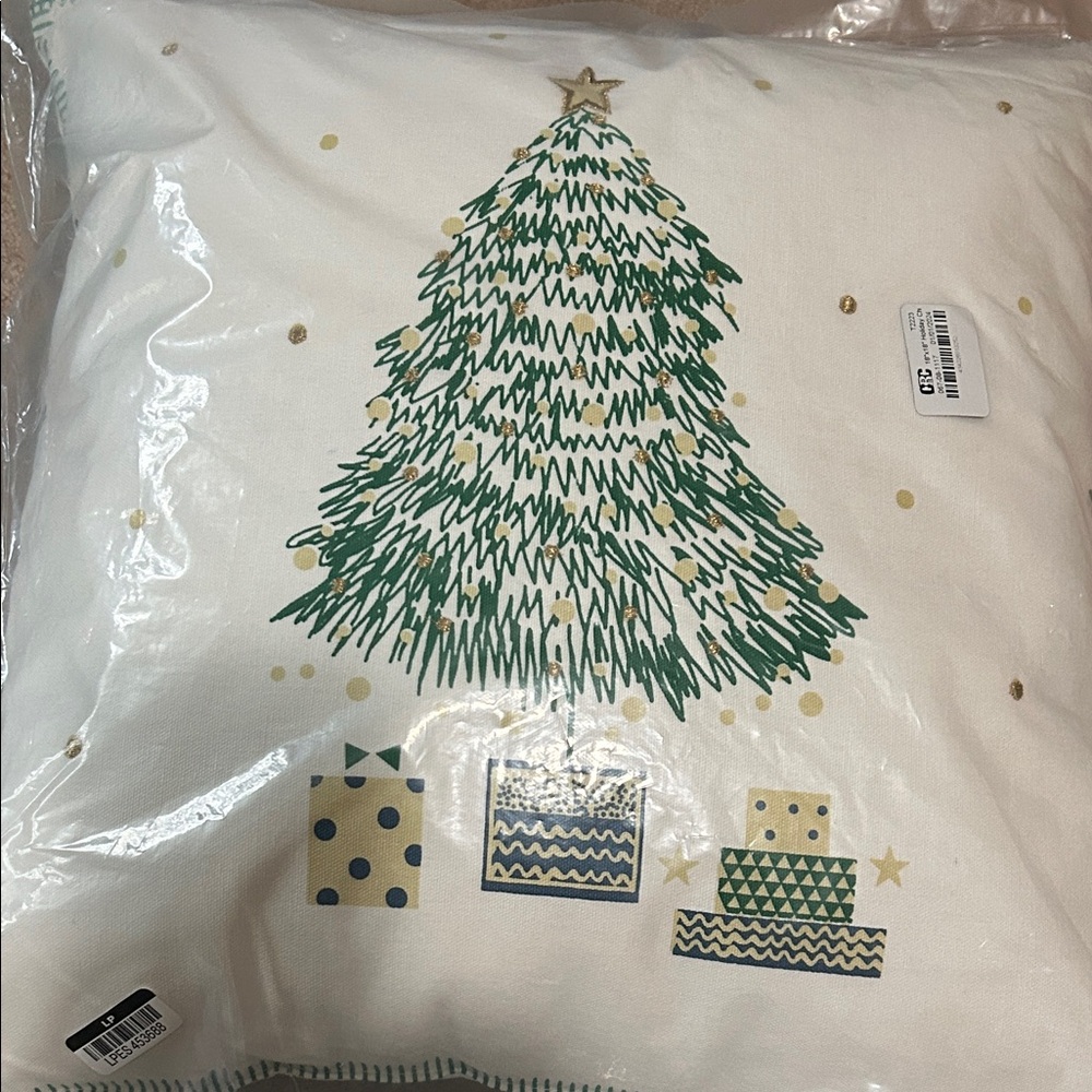 Mina Victory Designer Holiday Pillow with Green Tree and Gold Details 18” x 18”